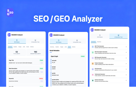 he SEO/GEO Analyzer Chrome Extension emerges as a comprehensive solution that combines traditional SEO analysis with cutting-edge AI-powered content generation tools.